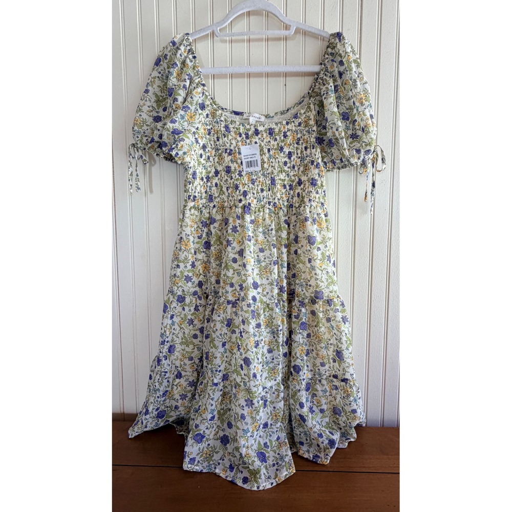 NWT Blu Pepper Floral Smocked Puff Sleeve Tiered Dress Ivory Multi L